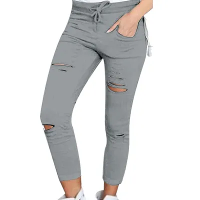S-4XL Plus Size Women Solid Color Drawstring High Waist Pencil Pants Ripped Skinny Leggings