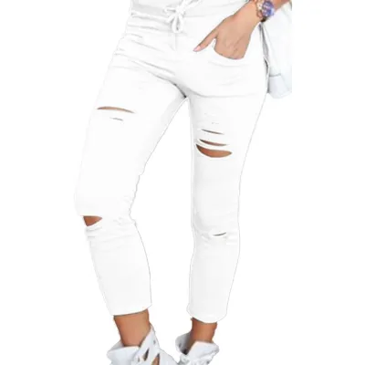S-4XL Plus Size Women Solid Color Drawstring High Waist Pencil Pants Ripped Skinny Leggings