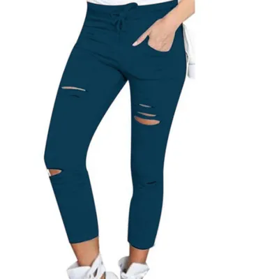 S-4XL Plus Size Women Solid Color Drawstring High Waist Pencil Pants Ripped Skinny Leggings