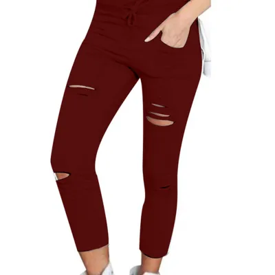 S-4XL Plus Size Women Solid Color Drawstring High Waist Pencil Pants Ripped Skinny Leggings