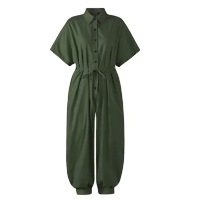 XS-4XL Plus Size Women V-Neck Button Lace-Up Loose Leopard Print Pocket Rompers