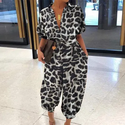 XS-4XL Plus Size Women V-Neck Button Lace-Up Loose Leopard Print Pocket Rompers