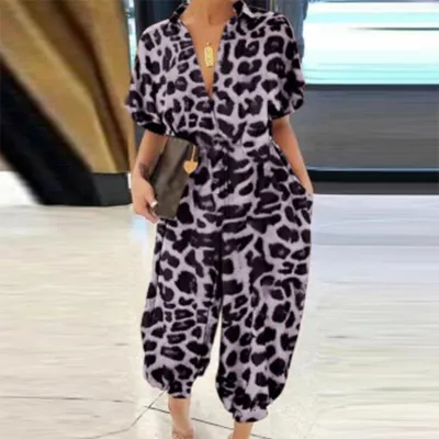 XS-4XL Plus Size Women V-Neck Button Lace-Up Loose Leopard Print Pocket Rompers