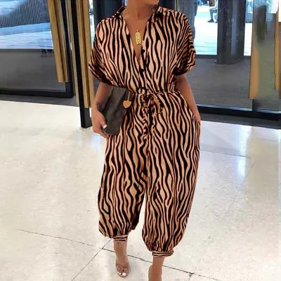 XS-4XL Plus Size Women V-Neck Button Lace-Up Loose Leopard Print Pocket Rompers