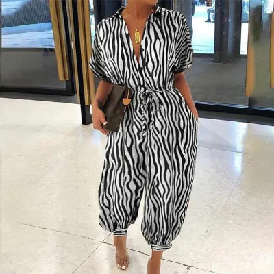 XS-4XL Plus Size Women V-Neck Button Lace-Up Loose Leopard Print Pocket Rompers