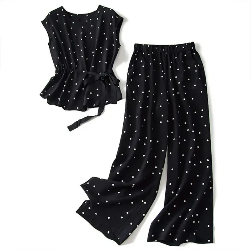 S-3XL Women Plus Size Polka Dot Chiffon Trousers Two Pieces Set