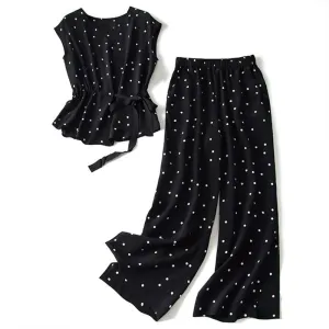 S-3XL Women Plus Size Polka Dot Chiffon Trousers Two Pieces Set