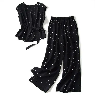 S-3XL Women Plus Size Polka Dot Chiffon Trousers Two Pieces Set