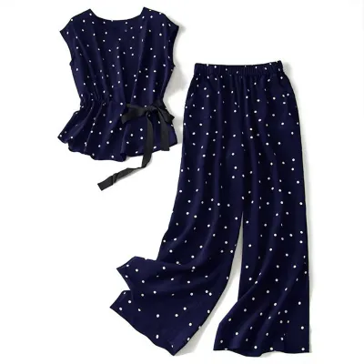 S-3XL Women Plus Size Polka Dot Chiffon Trousers Two Pieces Set