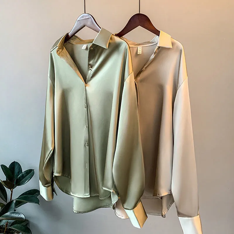 Women's Vintage Satin Long Sleeve Solid Color Loose Lapel Blouse XS-2XL