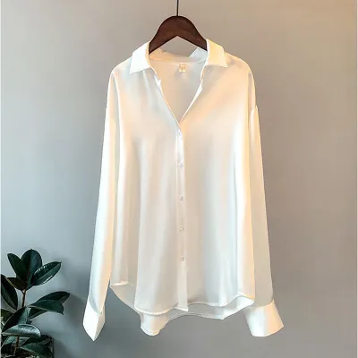 Women's Vintage Satin Long Sleeve Solid Color Loose Lapel Blouse XS-2XL