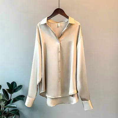 Women's Vintage Satin Long Sleeve Solid Color Loose Lapel Blouse XS-2XL