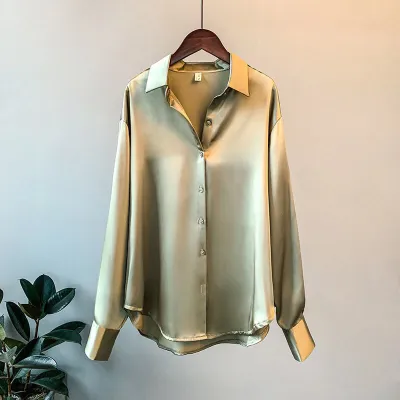 Women's Vintage Satin Long Sleeve Solid Color Loose Lapel Blouse XS-2XL