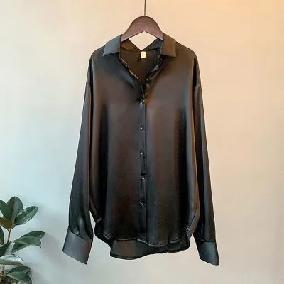 Women's Vintage Satin Long Sleeve Solid Color Loose Lapel Blouse XS-2XL