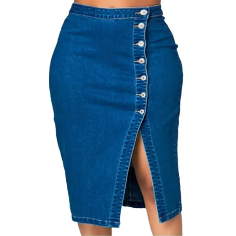 XS-5XL Solid Color Button Side-slit Bodycon Denim Skirt