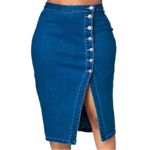 XS-5XL Solid Color Button Side-slit Bodycon Denim Skirt