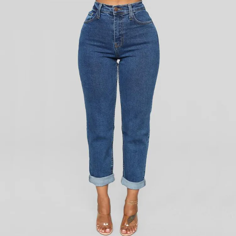 Women Solid Color High Waist Straight Cropped Jeans