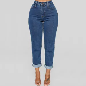 Women Solid Color High Waist Straight Cropped Jeans
