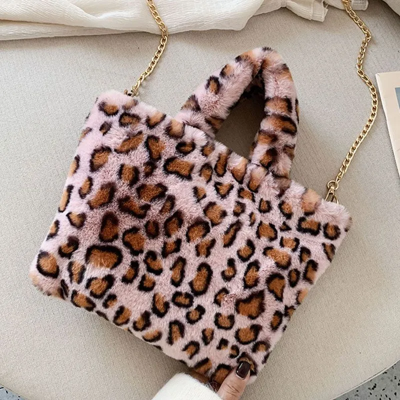 Luxury Leopard Print Fluffy Handle Bag for Women