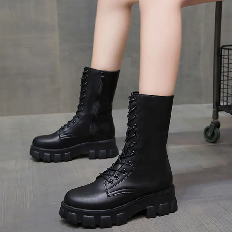 Wholesale Size:4.5-8.5 Women Fashion Solid Color Round-Toe Mid-Calf Boots