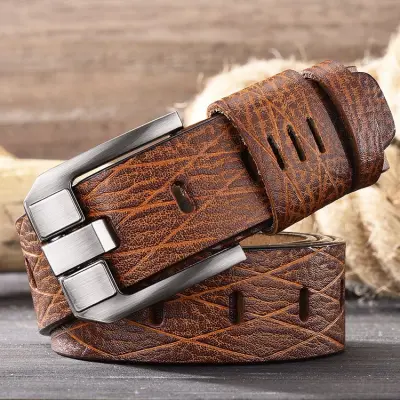 Men Retro Square Metal Buckle Split Leather Belt - 3.8cm Width