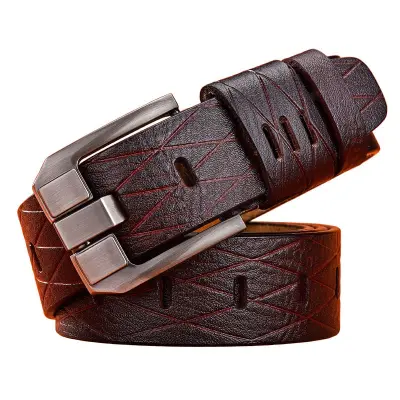 Men Retro Square Metal Buckle Split Leather Belt - 3.8cm Width