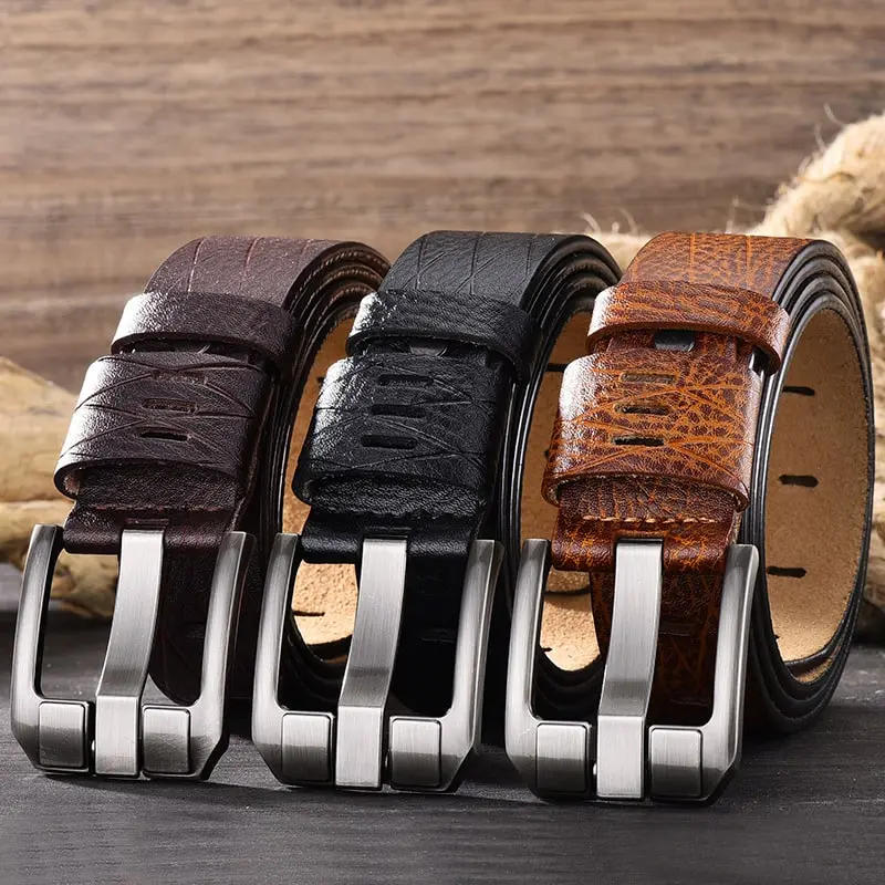 Men Retro Square Metal Buckle Split Leather Belt - 3.8cm Width