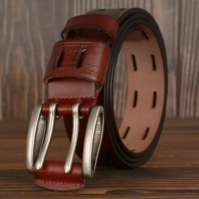 Men's Casual Double Pin Buckle Split Leather Belt