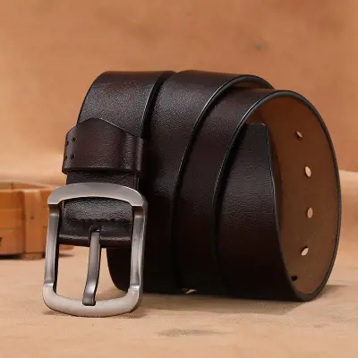 Men Casual Square Metal Buckle Split Leather Belt