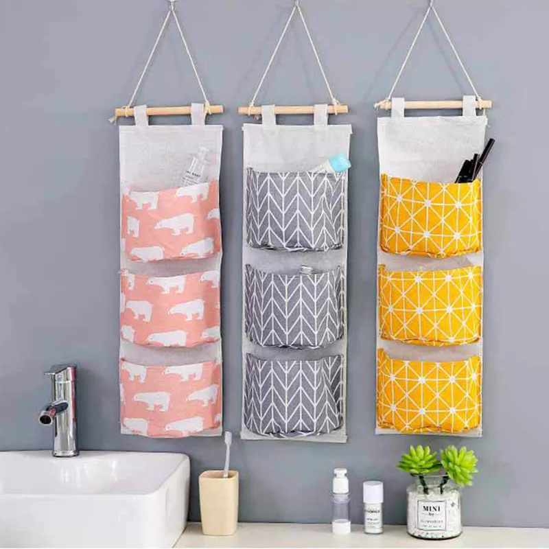 Creative Cotton And Linen Three Grid Hanging Storage Bags For Sundries