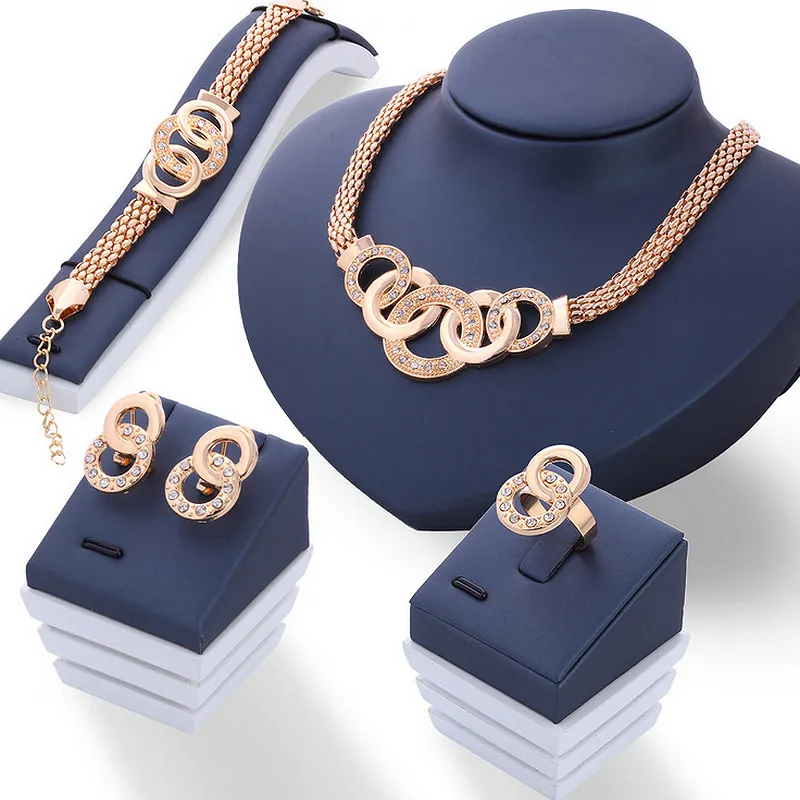 Luxury Rhinestone Ring Golden Net Chain Couple Party Jewelry Set