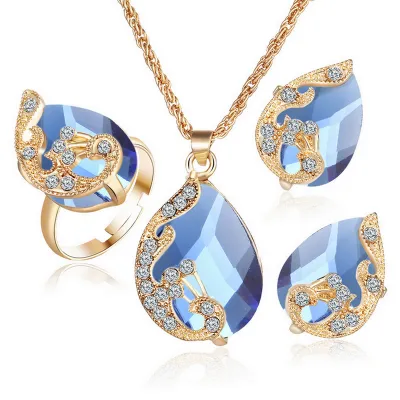 Gold Plated Alloy Peacock Drop Shape Gemstone Jewelry Set