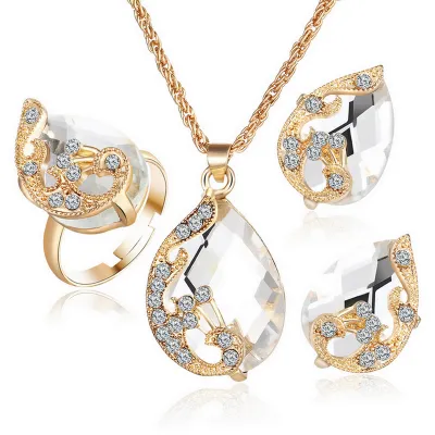 Gold Plated Alloy Peacock Drop Shape Gemstone Jewelry Set
