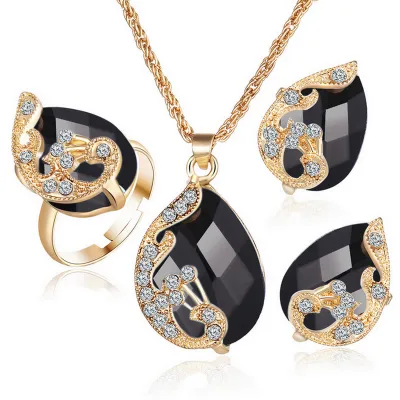 Gold Plated Alloy Peacock Drop Shape Gemstone Jewelry Set