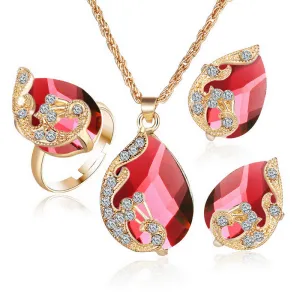 Gold Plated Alloy Peacock Drop Shape Gemstone Jewelry Set