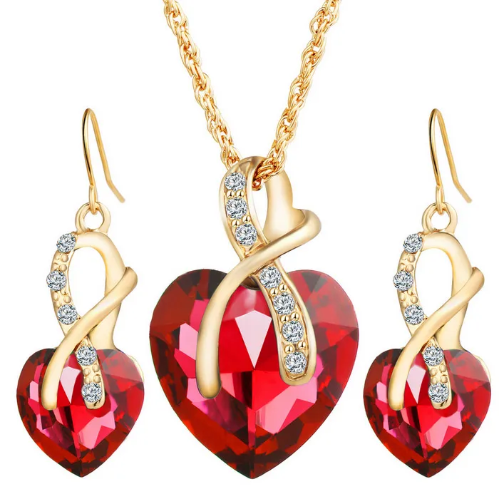 Luxury Heart Shaped Crystal Pendant Party Jewelry Set with Chain