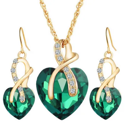 Luxury Heart Shaped Crystal Pendant Party Jewelry Set with Chain