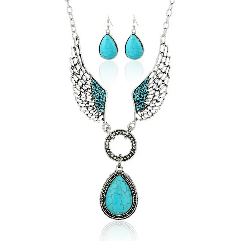 Classic Style Turquoise Alloy Wings Necklace Earrings Set
