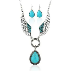 Classic Style Turquoise Alloy Wings Necklace Earrings Set