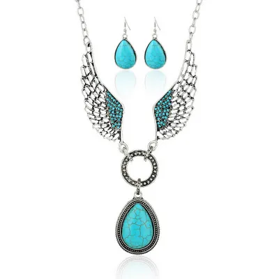 Classic Style Turquoise Alloy Wings Necklace Earrings Set