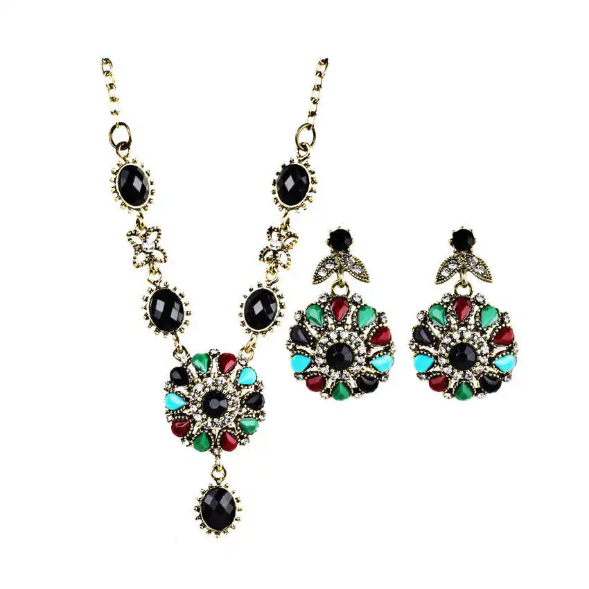 Hot Sell Classic Vintage Court Style Inlay Resin Pendant Alloy Fashion Jewelry Sets