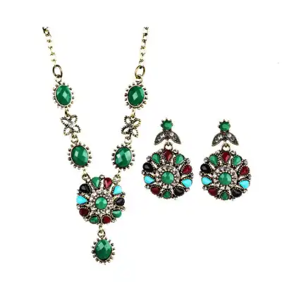 Hot Sell Classic Vintage Court Style Inlay Resin Pendant Alloy Fashion Jewelry Sets