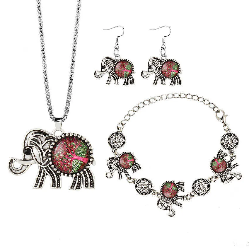 Life Tree Pattern Elephant Pendant Fashion Vintage Alloy Jewelry Set