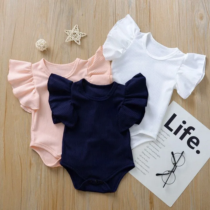 Baby Infant Toddler Girl Solid Color Short Sleeves Cotton Bodysuit with Hidden Button