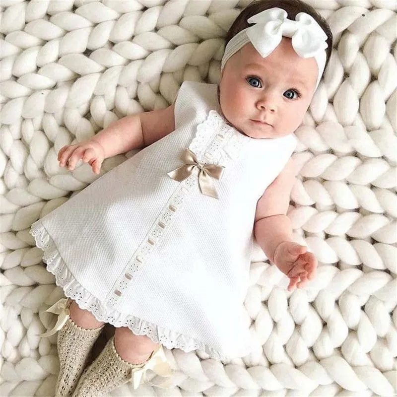 Lovely Baby Girl White Bowknot Design Dresses And Headband 2 Pcs Set - Polyester, Summer Holiday Outfit for Girls 0-3T