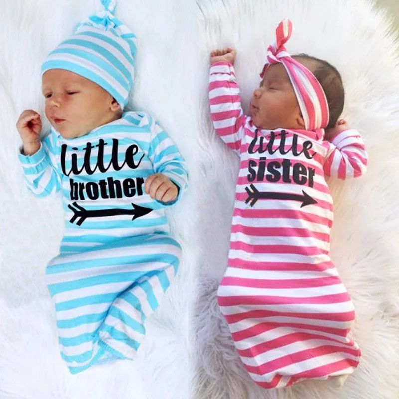 2 Pcs Baby Boy Girl Stripes Print Sleeping Bag and Headband Set Cotton