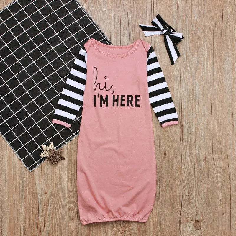 Newborn Girl Letter Print Patchwork Sleeping Bag And Headband Set