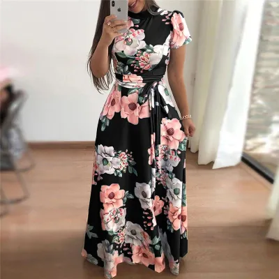 S-5XL Women Lace-up Floral Printed Short-sleeve Maxi Dress