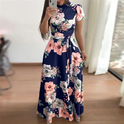 S-5XL Women Lace-up Floral Printed Short-sleeve Maxi Dress