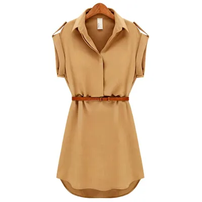 S-XXL V-neck Irregular Hem Sash Shirt Dress